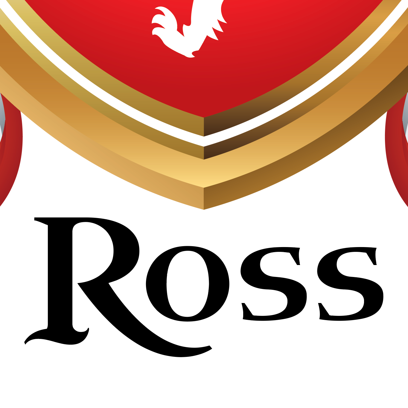 Detailed closeup from Ross Family Crest of Ross name in black text below a red shield on a white background