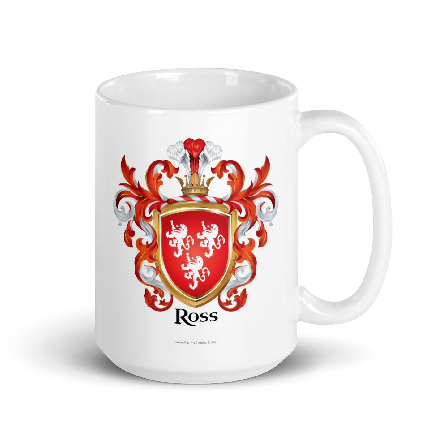 A white mug on a white background with a Ross Family Crest featuring 3 white lions on a red shield on the mug