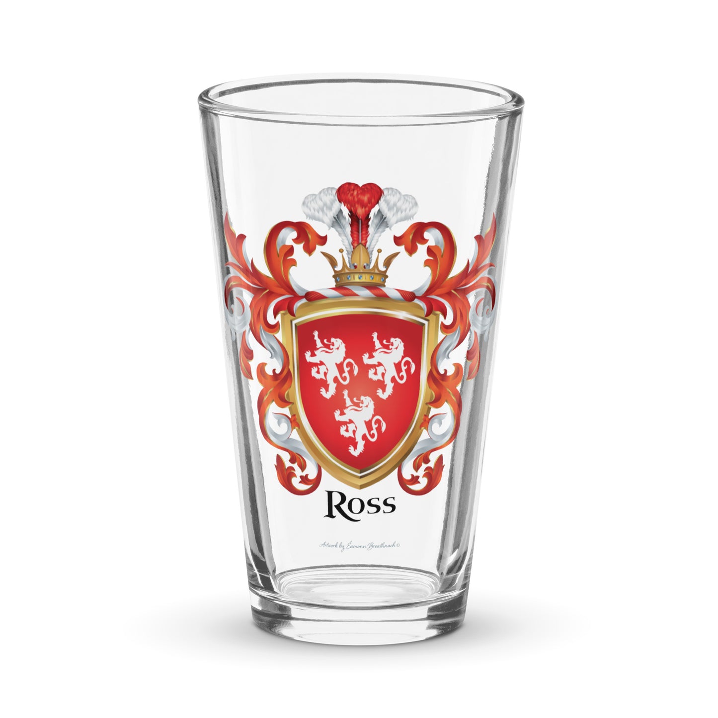 Pint beer glass with Ross Family Crest featuring 3 white lions on a red shield