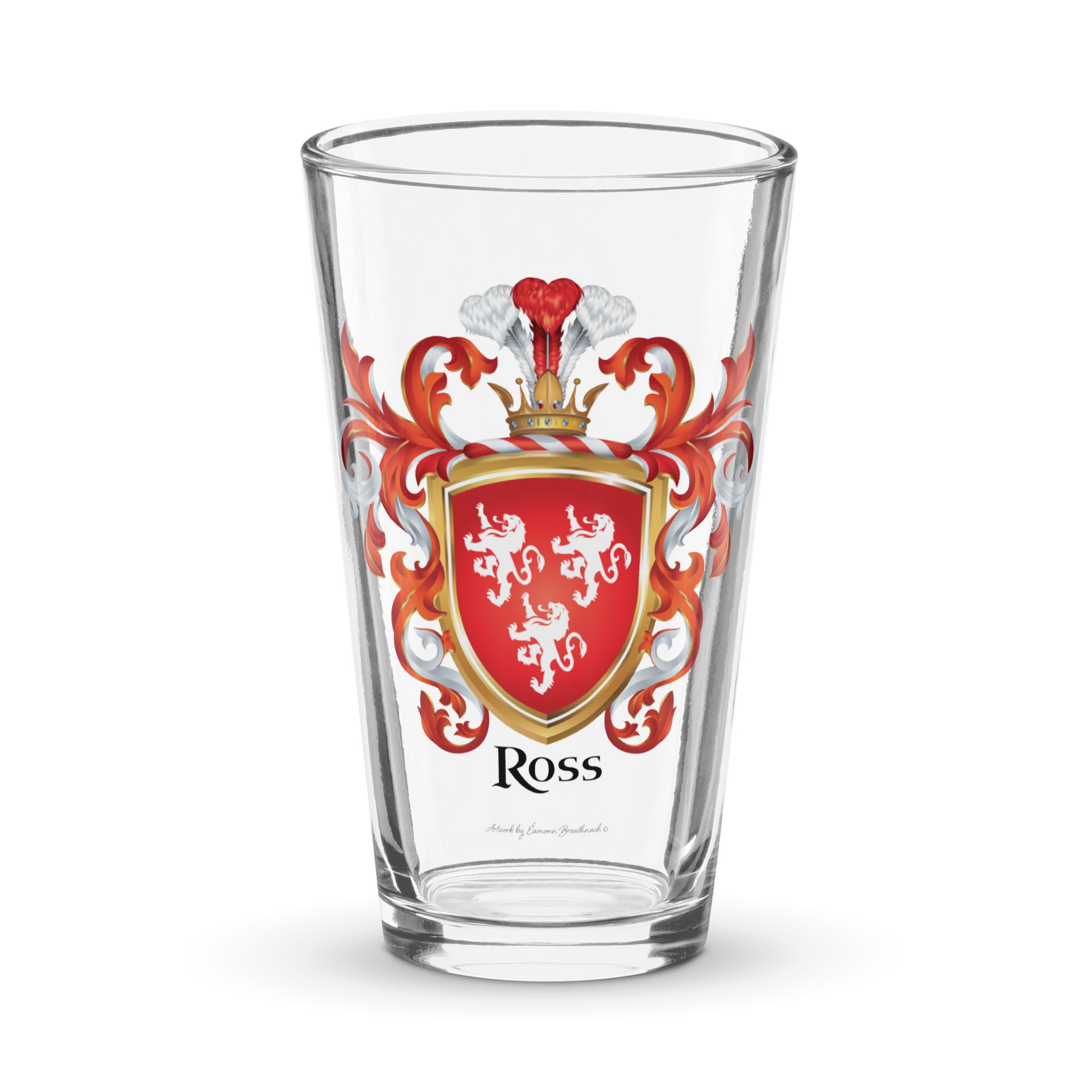 Pint beer glass with Ross Family Crest featuring 3 white lions on a red shield