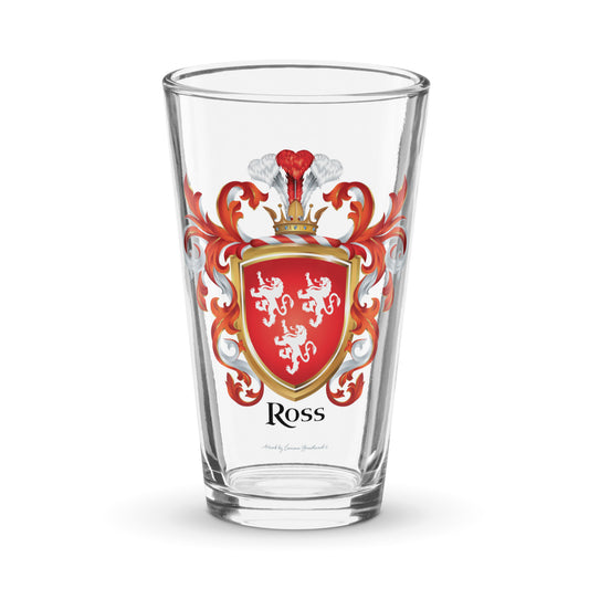 Pint beer glass with Ross Family Crest featuring 3 white lions on a red shield