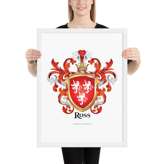 A woman holding a framed Ross Family Crest print featuring 3 white lions on a red shield