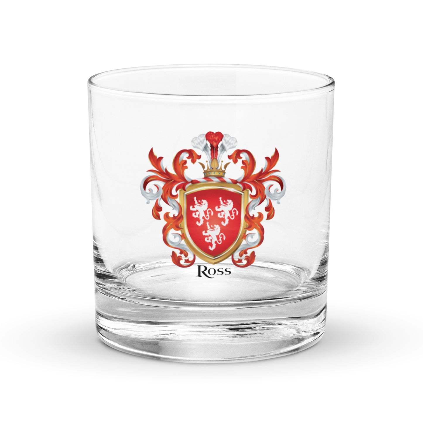 Ross Family Crest rocks-glass with coat of arms with 3 white lions on a red shield