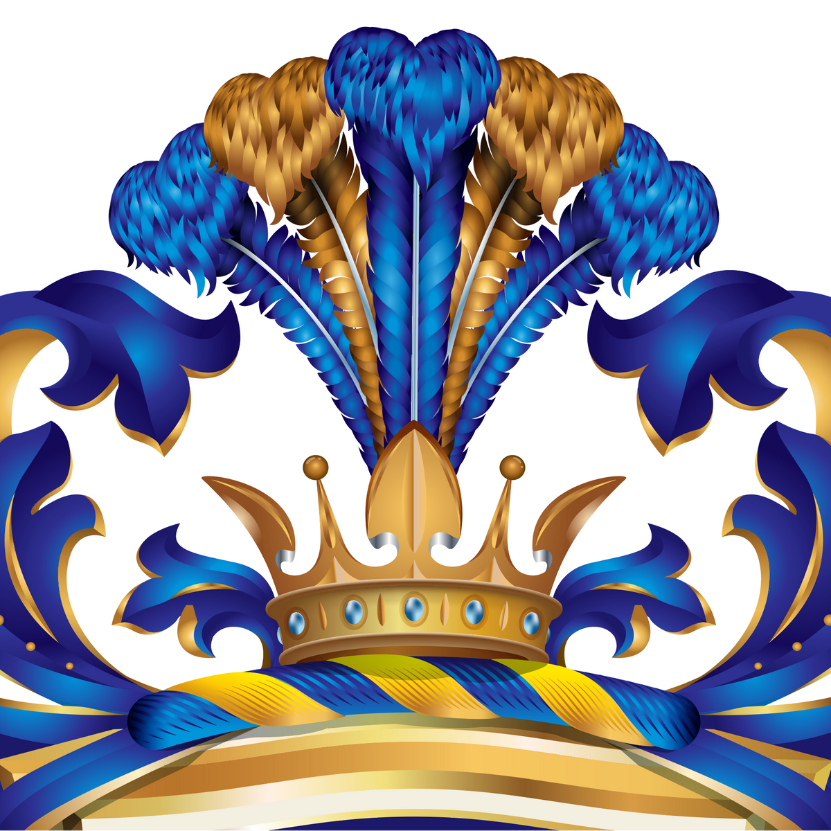 A decorative crest-style emblem with a gold crown, blue and gold feathers, and blue-and-gold scrollwork on a plain white background.