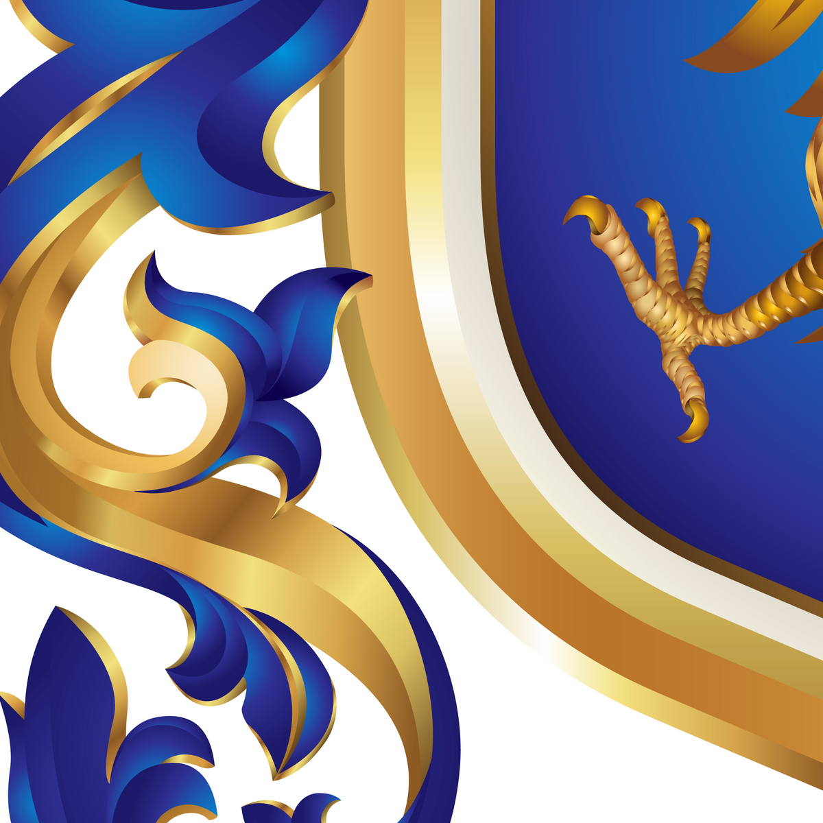 A detailed closeup of the Sanchez coat of arms with a golden eagle claw and ornate gold and blue mantling