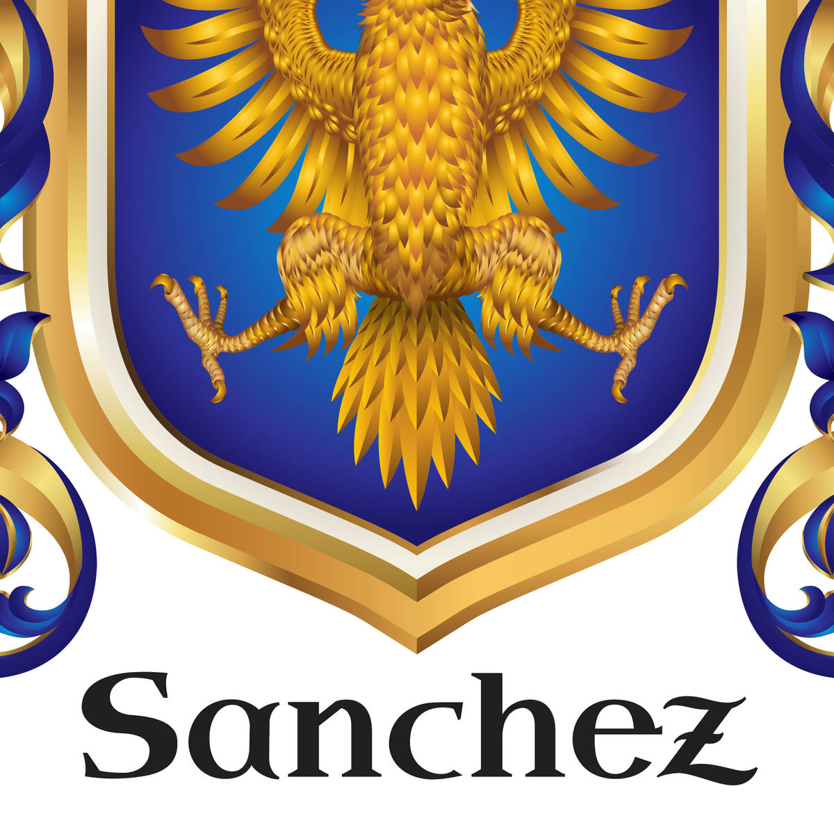 A closeup of the Sanchez coat of arms with a golden eagle crest inside a blue shield with a gold border, above the word 'Sanchez' in black serif text on a white background.