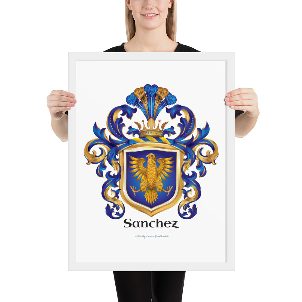A woman holding a white-framed print of the Sanchez Family Crest featuring a golden eagle on a blue shield