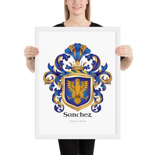 A woman holding a white-framed print of the Sanchez Family Crest featuring a golden eagle on a blue shield