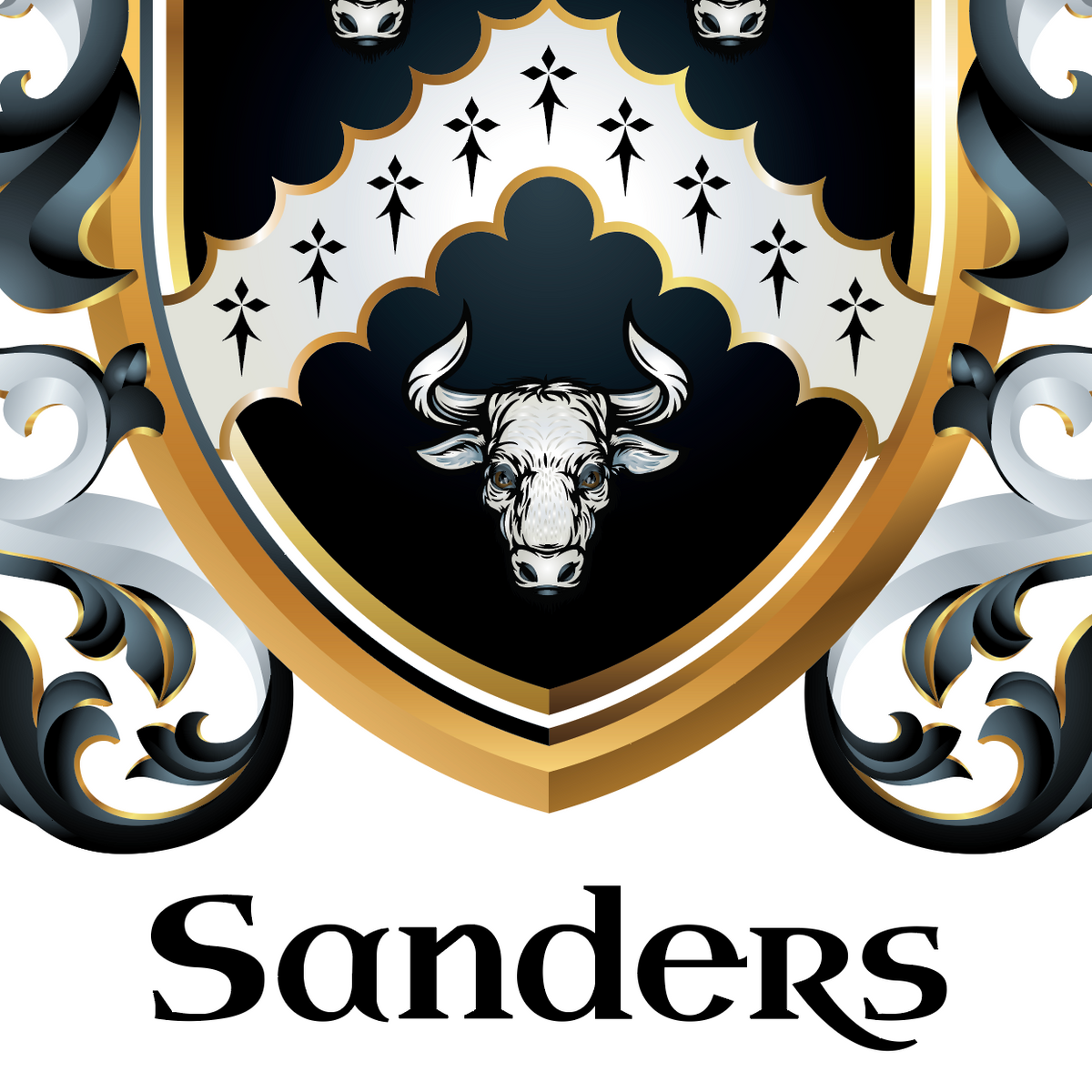 A close-up of the lower half of the Sanders Family Coat of Arms featuring a black shield, and a white bull head, decorative mantling, and the name 'Sanders' below on a white background.