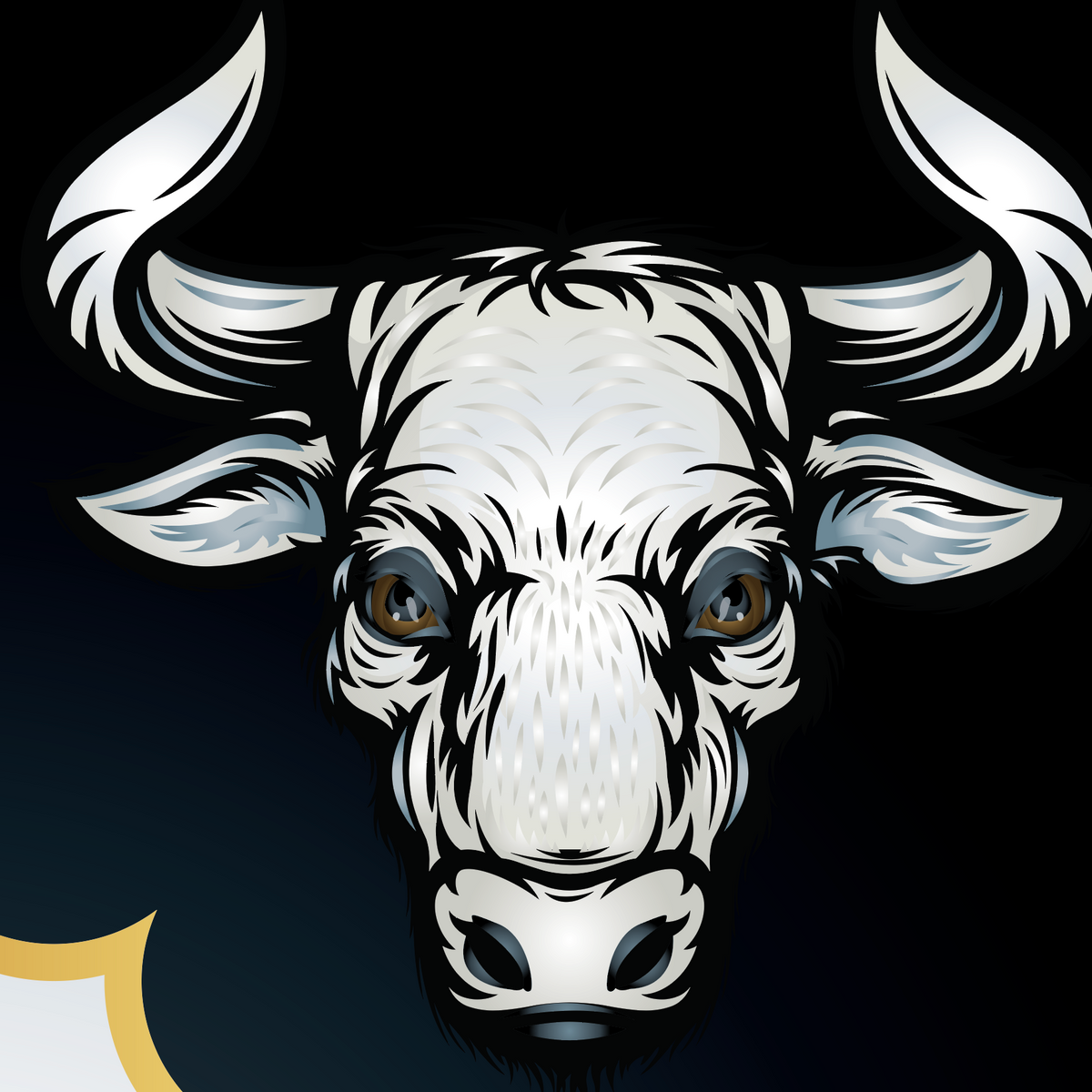 A close-up of the Sanders Family Coat of Arms featuring a white bull's head with curved horns on a black background.