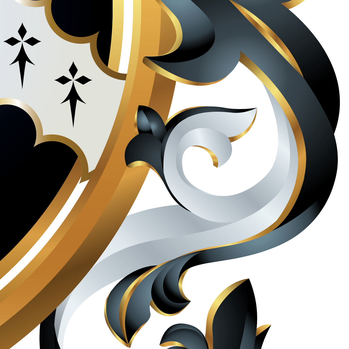A close-up of the Sanders Family Coat of Arms featuring part of the shield with black heraldic motifs and ornate black, white, and gold scrollwork.
