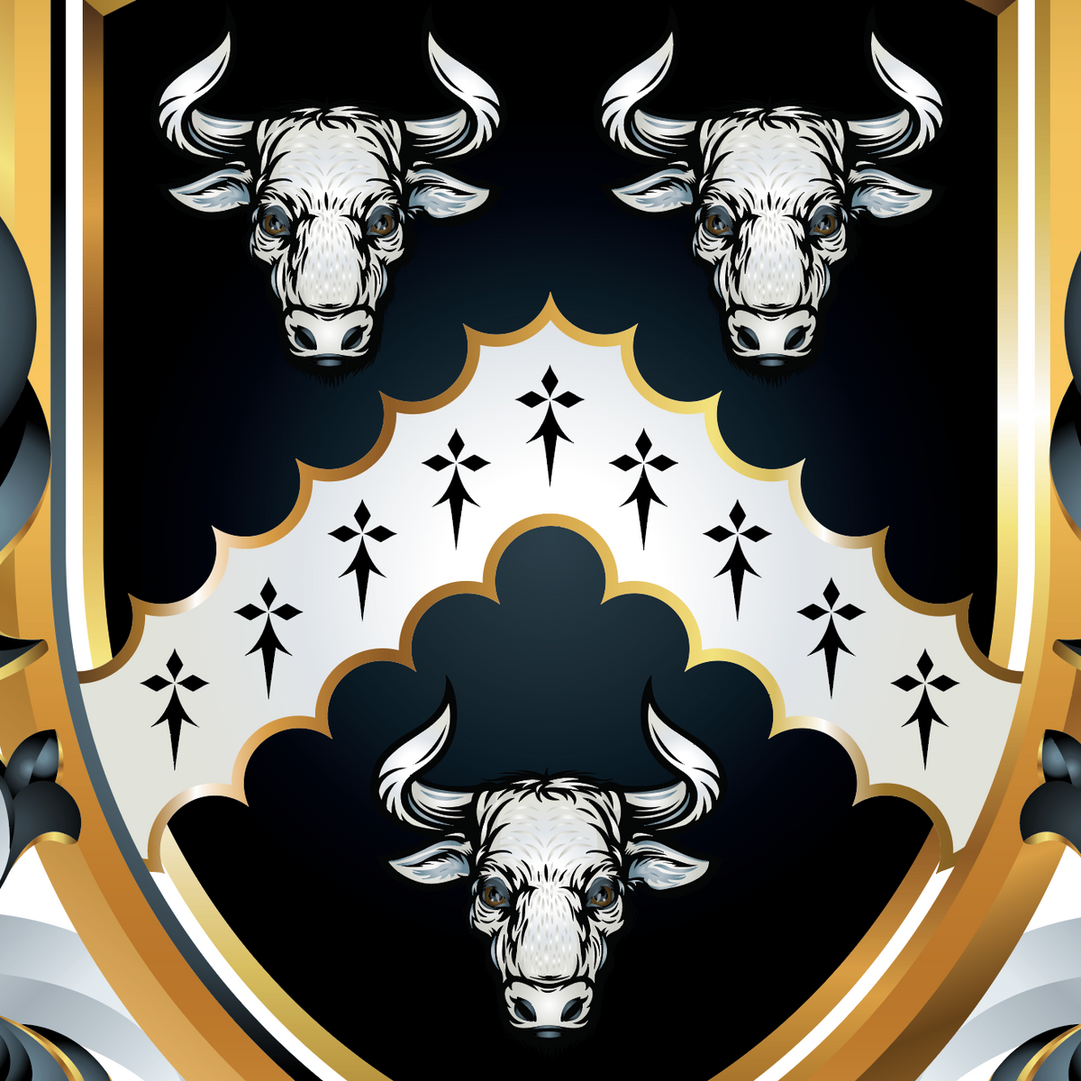A close-up of the Sanders Family Coat of Arms featuring three white bull heads on a black shield with a white scalloped  chevron with a pattern of ermine emblems.