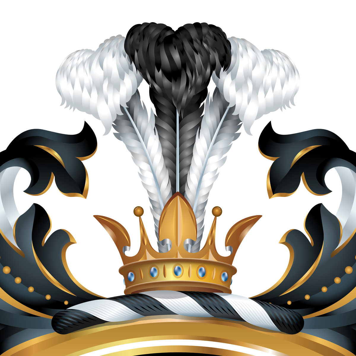 A close-up of the Sanders Family Coat of Arms featuring a gold crown, black and white feathers, ornate black scrollwork with gold trim, and a black-and-white striped band on a white background.