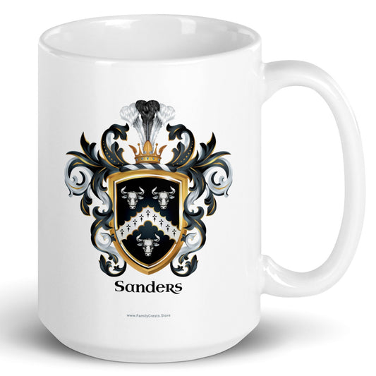 A white mug with handle to right, on a white background, printed with the Sanders Family Crest featuring 3 white bull heads and a chevron on a black shield.