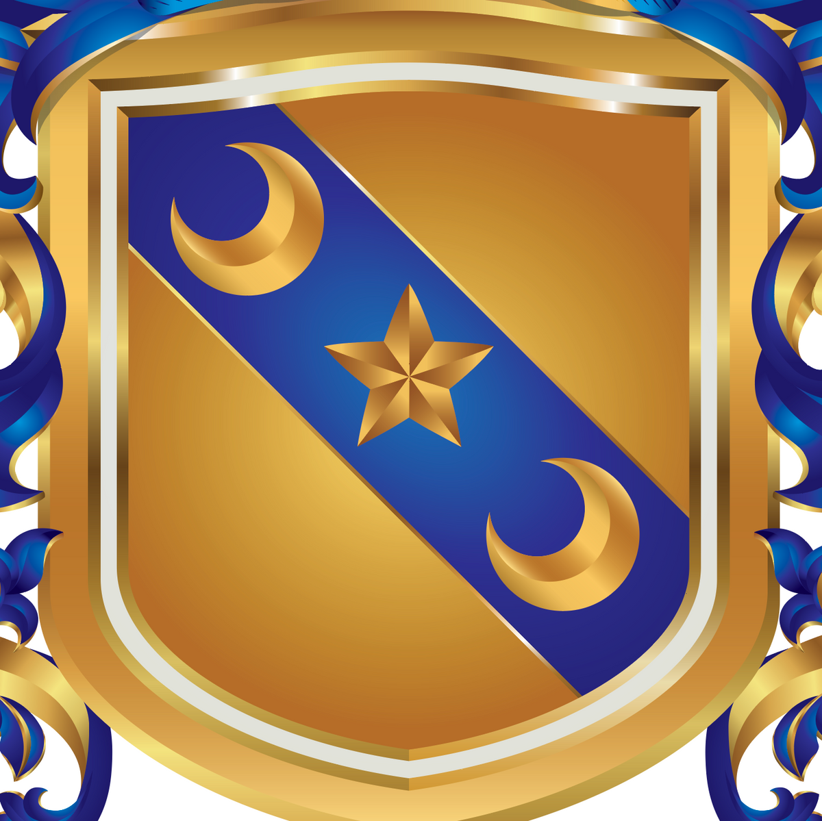 A closeup of the Scott family crest heraldic shield featuring a gold border, a blue diagonal band, a gold star in the center, and gold crescent moons in the corners, framed by blue and gold scrollwork on a white background.