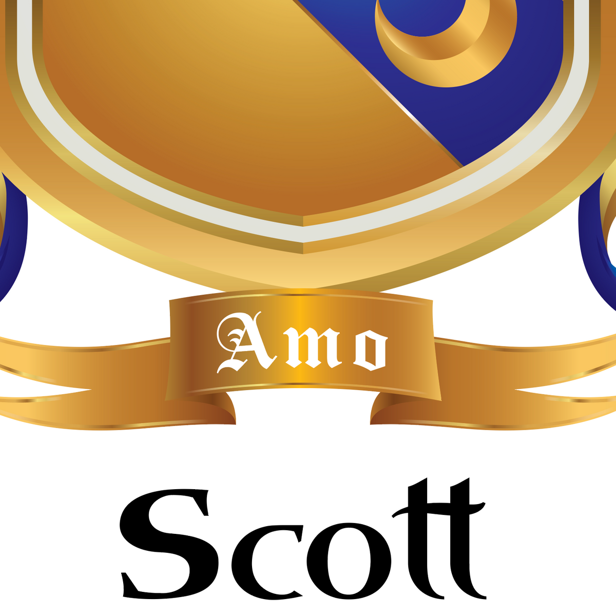 A closeup of the Scott family crest showing a gold motto ribbon banner reading 'Amo' in white, above the name 'Scott' in black serif font, all on a solid white background.