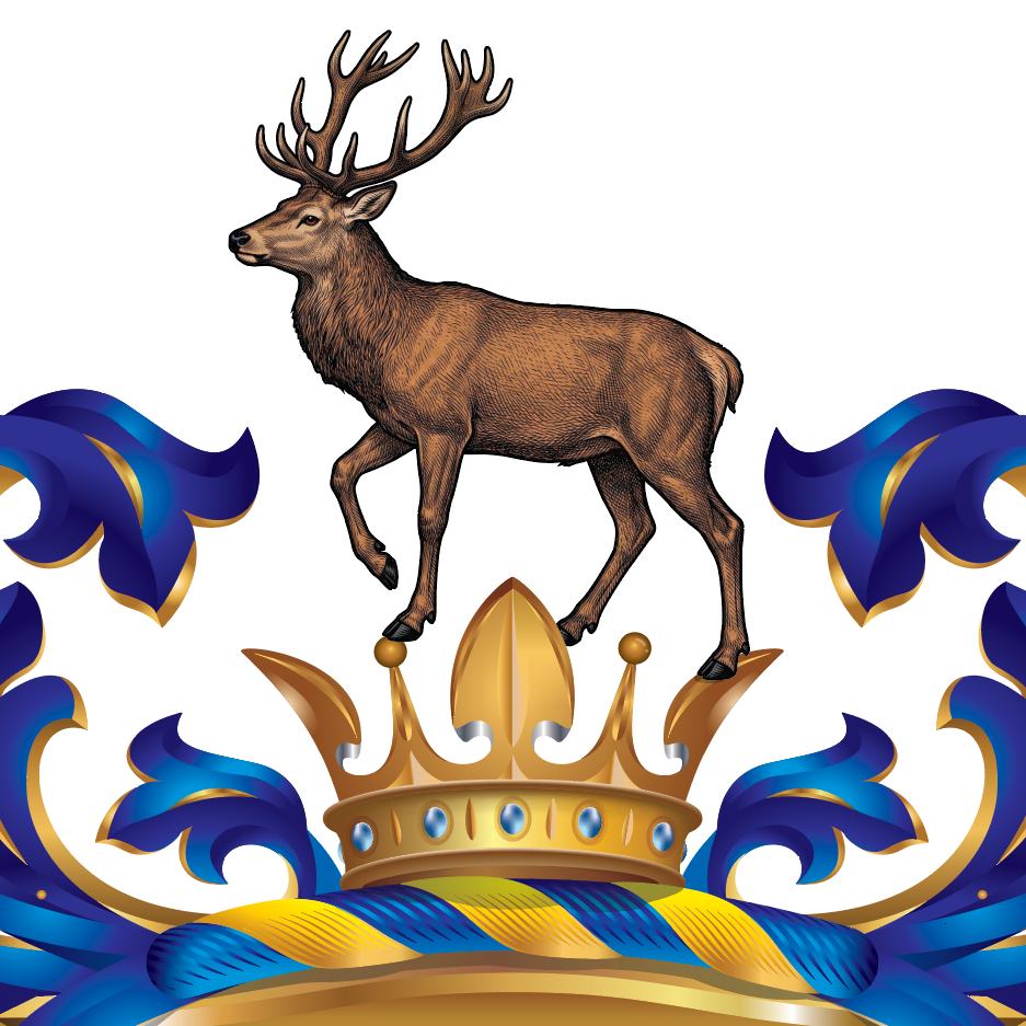 A closeup of the Scott family crest on a white background, featuring a brown stag with antlers above a gold crown and blue-and-gold mantling.