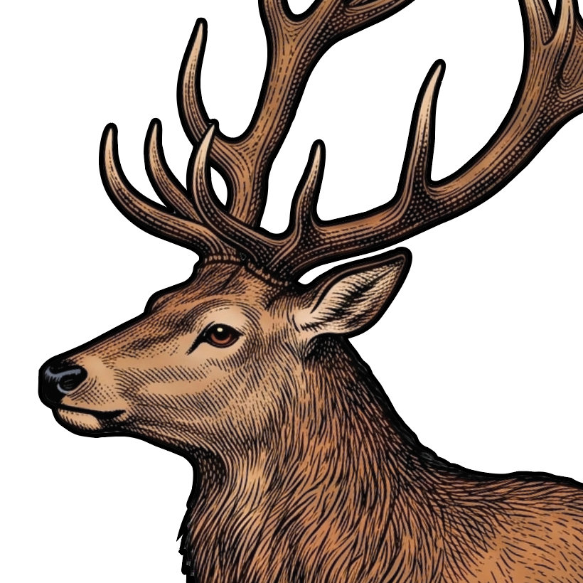 A closeup of the Scott family crest showing a stag's head with large antlers.