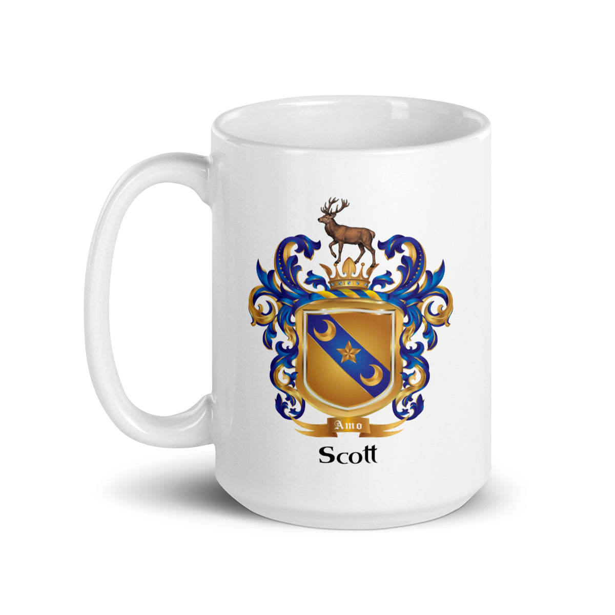 The Scott Family Crest on a white mug featuring a stag on the crest of a gold shield with the motto 'Amo' shown with handle to left side
