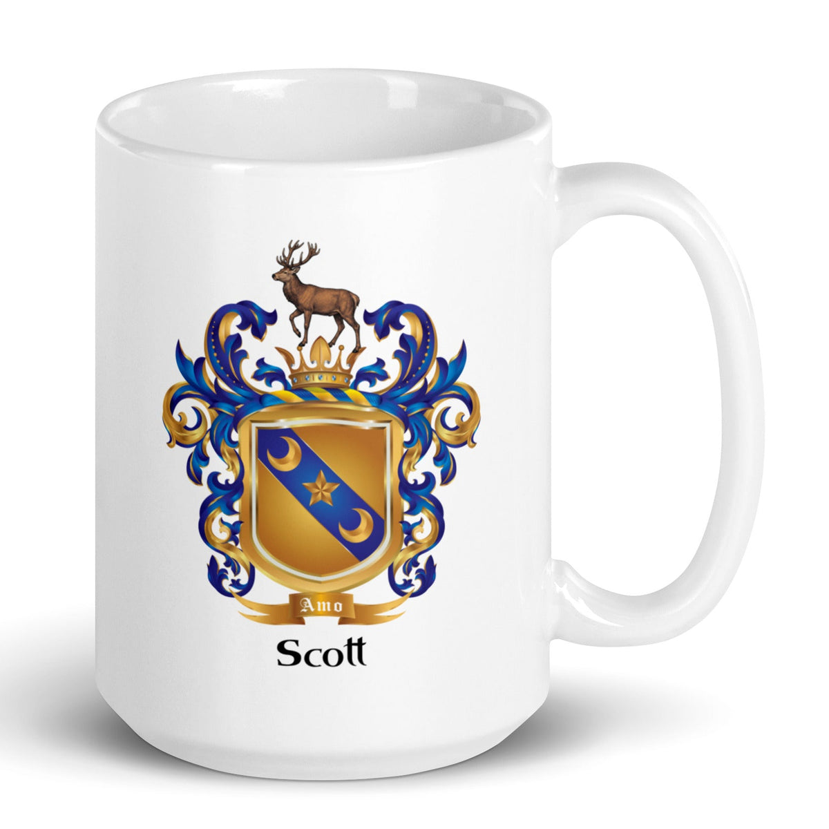 The Scott Family Crest on the front of a white mug featuring a stag on the crest of a gold shield with the motto 'Amo'