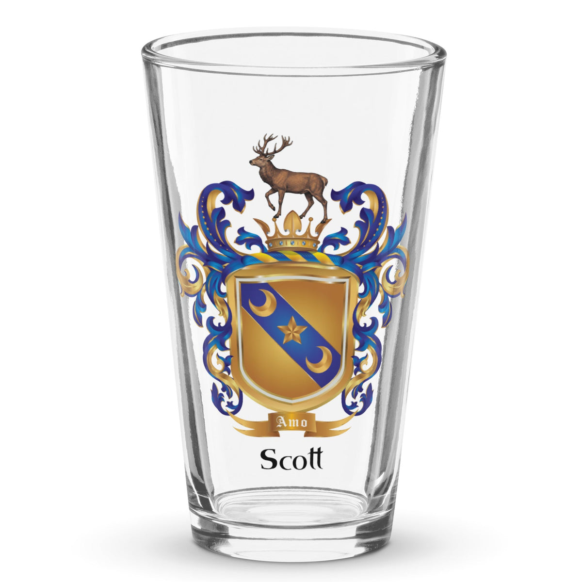Scott Family Crest pint glass featuring a coat of arms with stag syanding on a gold crown and the motto "Amo' in a gold ribbon