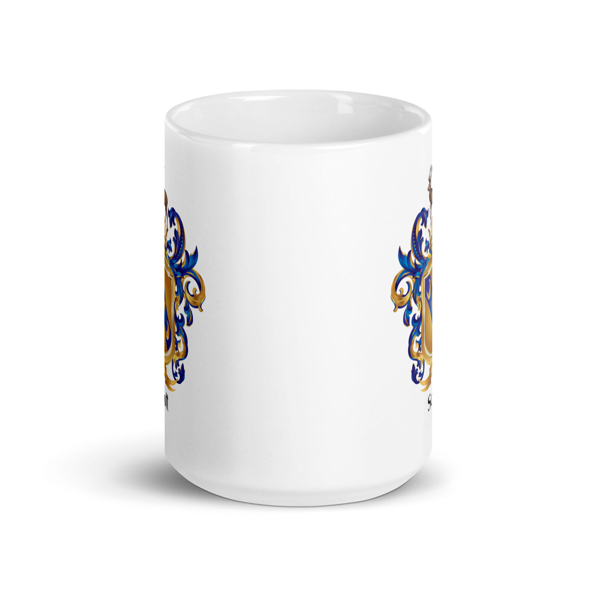 The Scott Family Crest on two sides of a white mug 