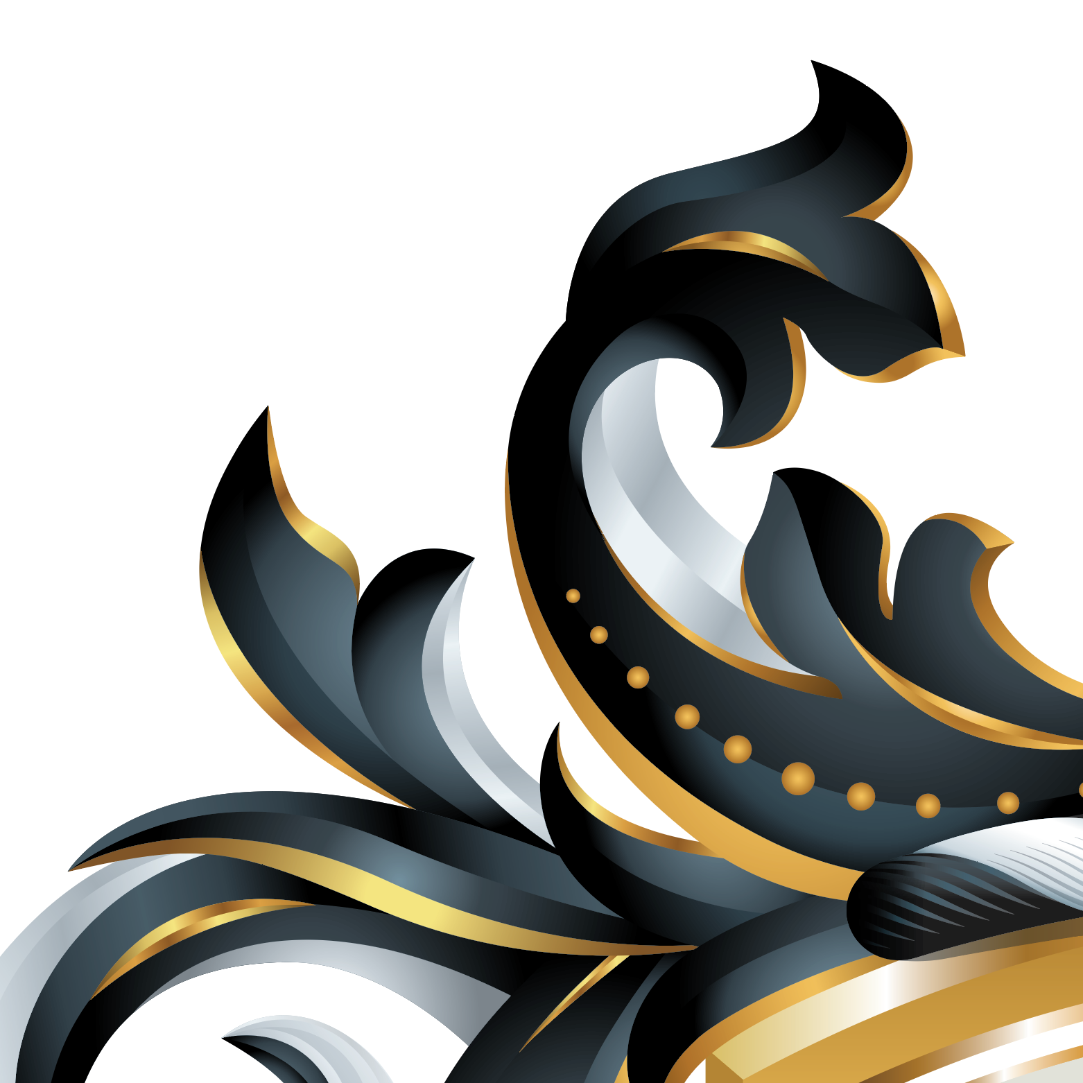 A detail from Thomas Family Crest glass, decorative design with black, white, and gold elements