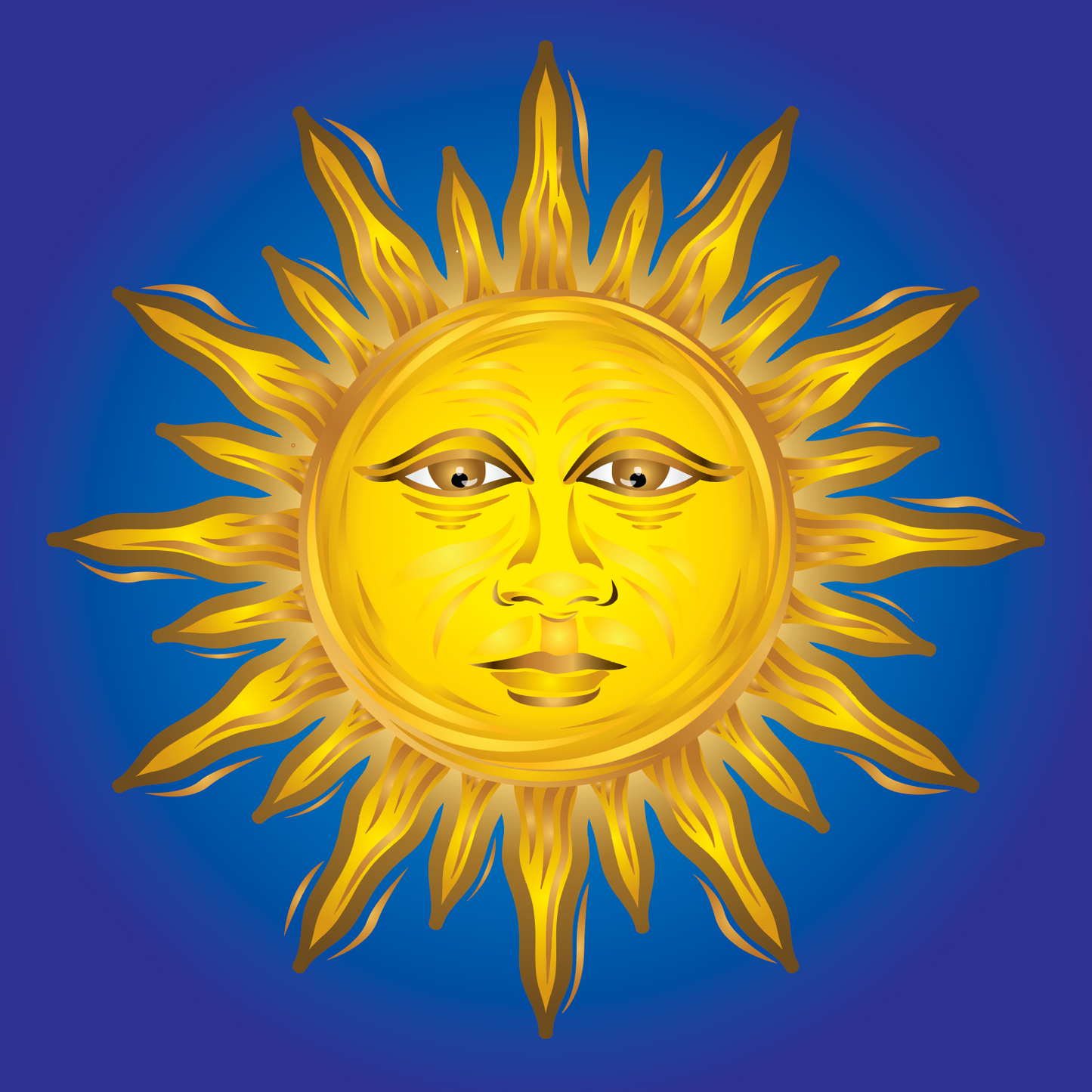 Closeup detail of Thompson Family Crest showing an illustrated gold sun with face on a blue background