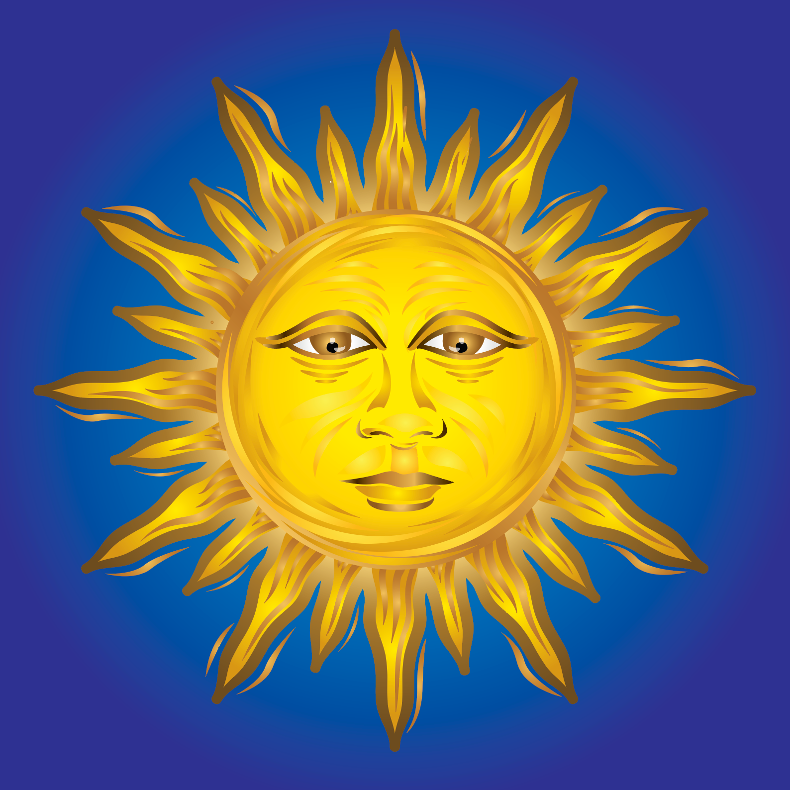 Closeup detail of Thompson Family Crest showing an illustrated gold sun with face on a blue background