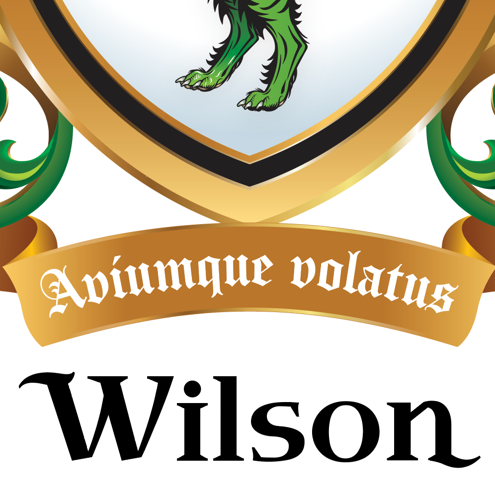 Wilson_Family_Crest_detail_close_up_of motto and 'Wilson' name as black text on a white background