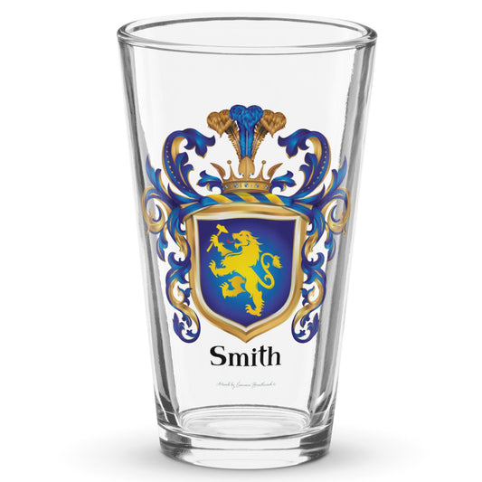 A classic pint beer glass with the germanic Smith Family Crest featuring a lion with a hammer on a blue shield.