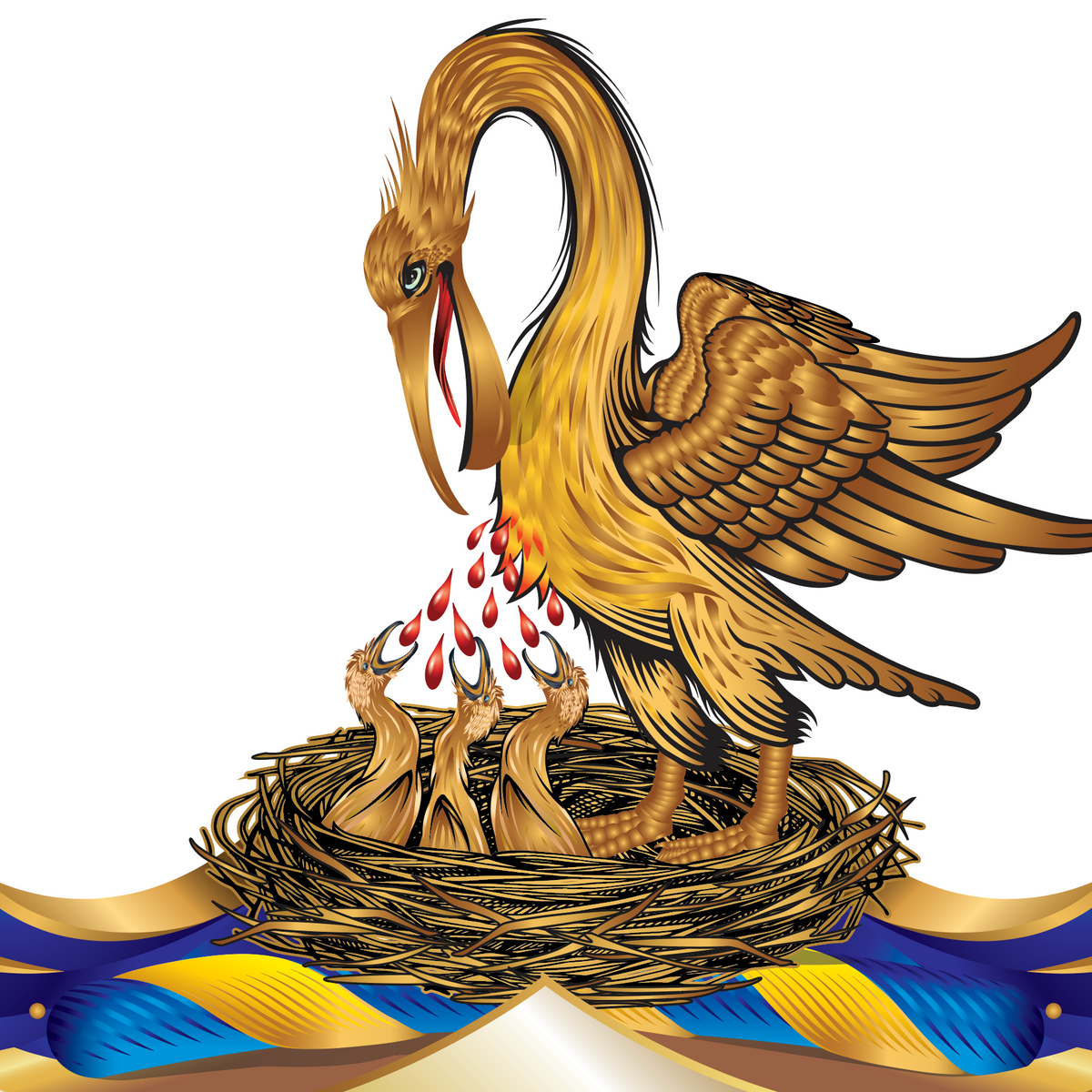 A close-up of the Stewart Family Crest showing a pelican with outstretched wings standing over a nest of small chicks, with red teardrop-like droplets falling from its chest, on a white background.