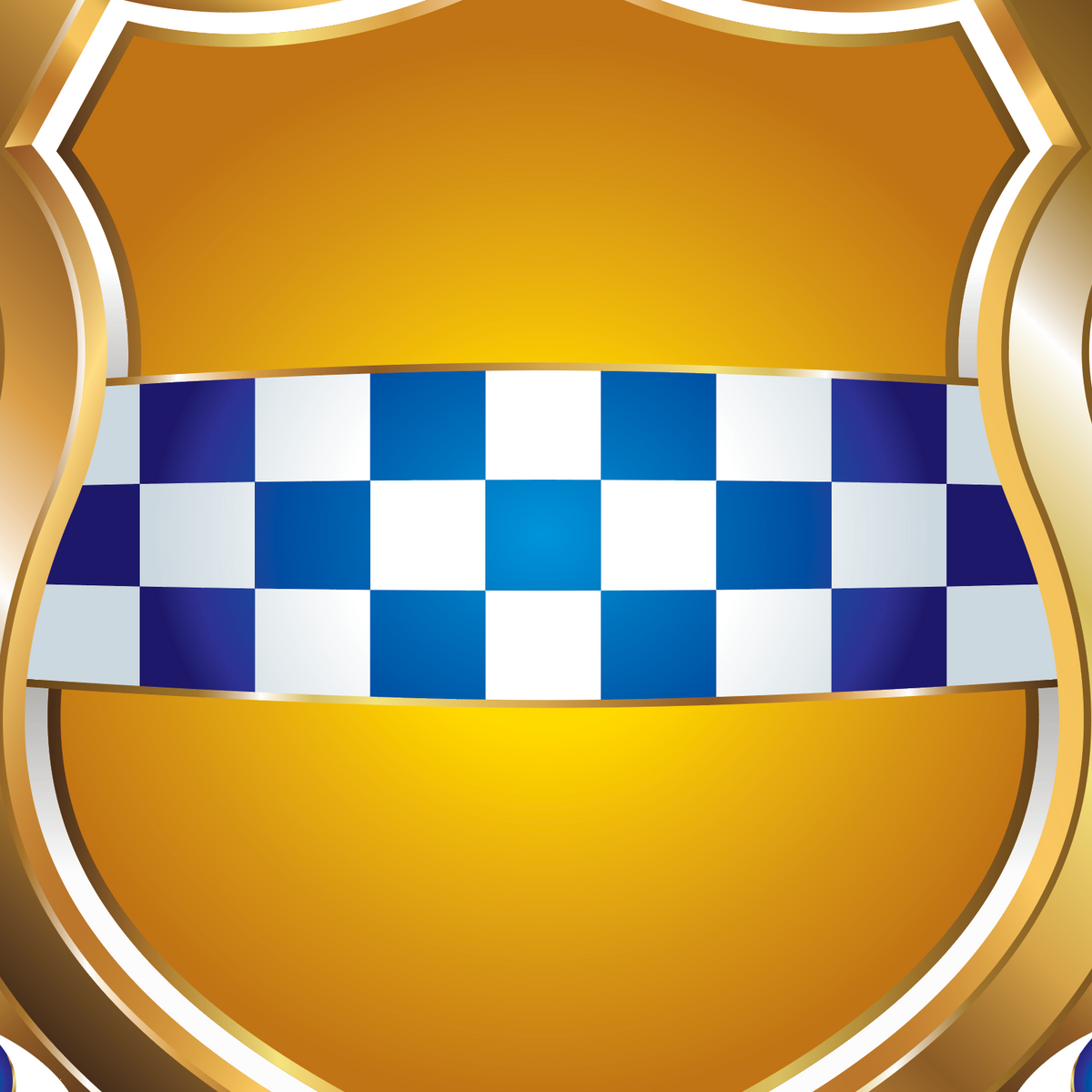 A close-up of the Stewart coat of arms featuring a blue and white checkered on thegold shield.