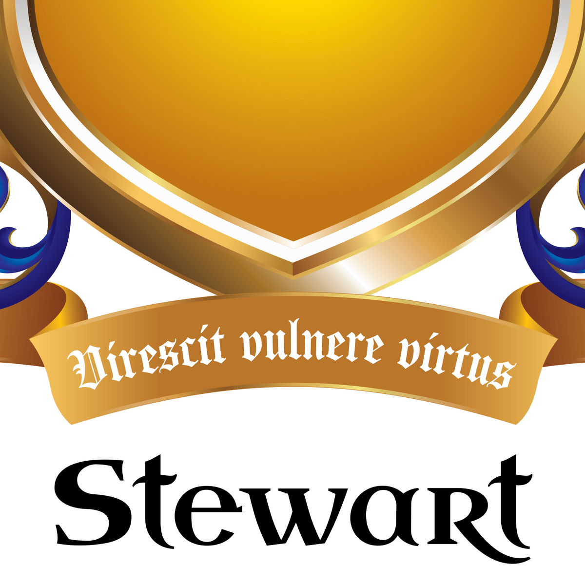A close-up of the lower half of the Stewart Family Crest showing a gold motto banner reading 'Divescít vulnere virtus' and the name 'Stewart' in black serif text below, set against a white background.
