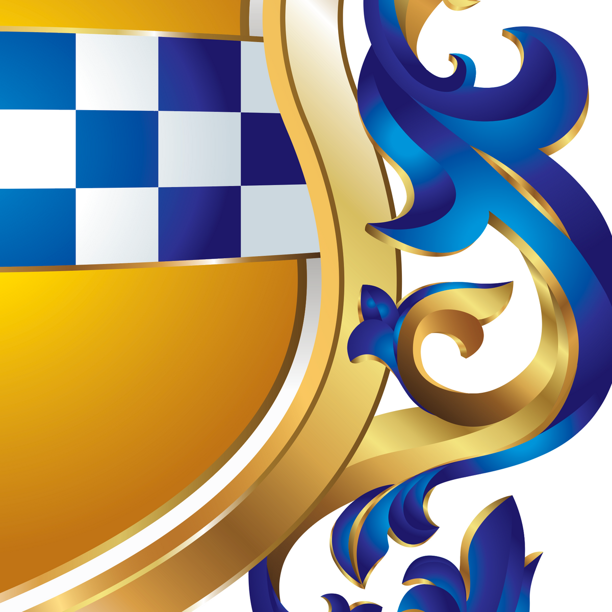 A close-up of the Stewart coat of arms featuring a blue and white checkered section of the shield, and ornate blue mantling with gold outlines on a white background.