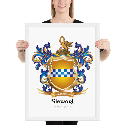 A woman standing in a white background, holding a white framed print of the Stewart Family Crest showing a pelican feeding her young on the crest above a gold shield with a blue and white checkered band in the centre.