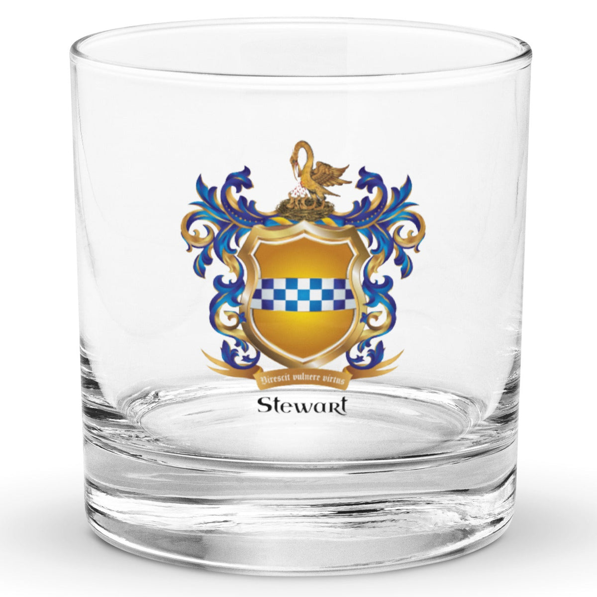A clear classic heavy base rocks glass on a white background, printed with the Stewart Family Crest showing a pelican feeding her young on the crest above a gold shield with a blue and white checkered band in the centre.