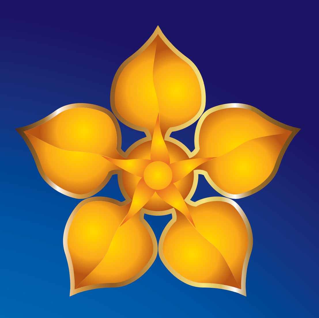 A closeup detail from the Stone family crest showing a stylised golden flower emblem with five rounded petals and a central starburst, outlined in metallic gold, set against a dark blue gradient background.