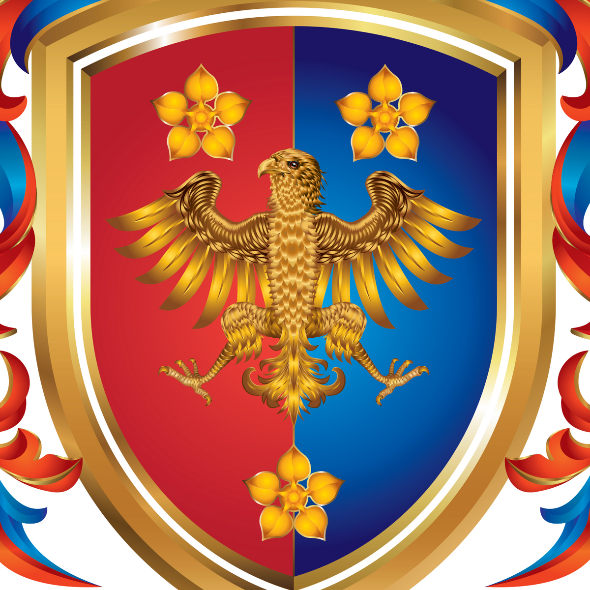 A closeup detail from the Stone family crest showing a heraldic shield design with a gold eagle centered over a split red and blue background, surrounded by a gold border and red-and-blue decorative flourishes on a white field.