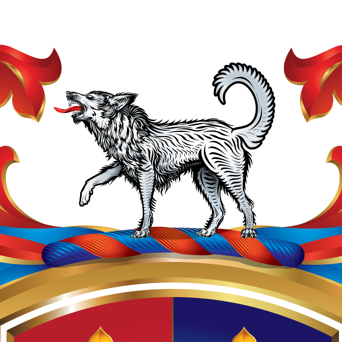 A closeup detail from the Stone family crest showing a black-and-white wolf standing on a blue and red ribbon, with red flame-like shapes and a gold-and-red shield below on a white background.