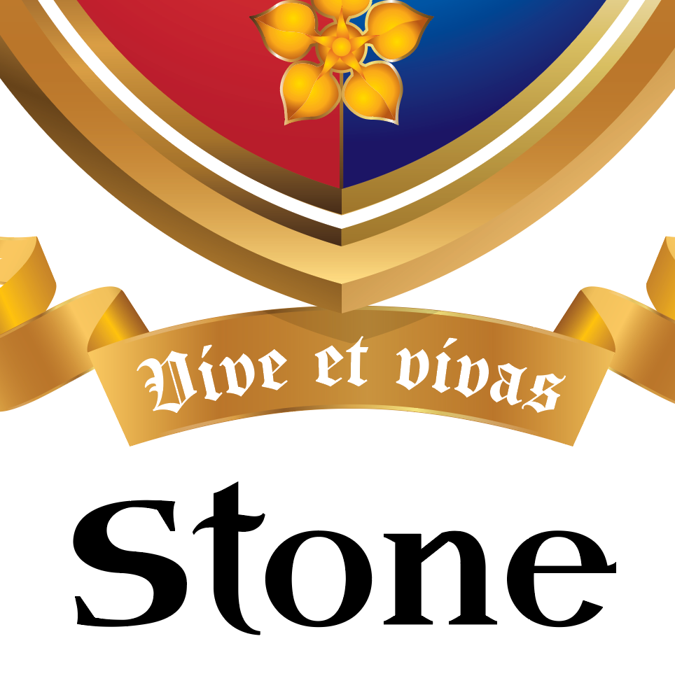 A closeup detail from the Stone family crest showing a gold shield crest with a red and blue background and a yellow flower, a gold ribbon with the Latin text 'vive et vivas', and the word 'Stone' in black serif font below on a white background.