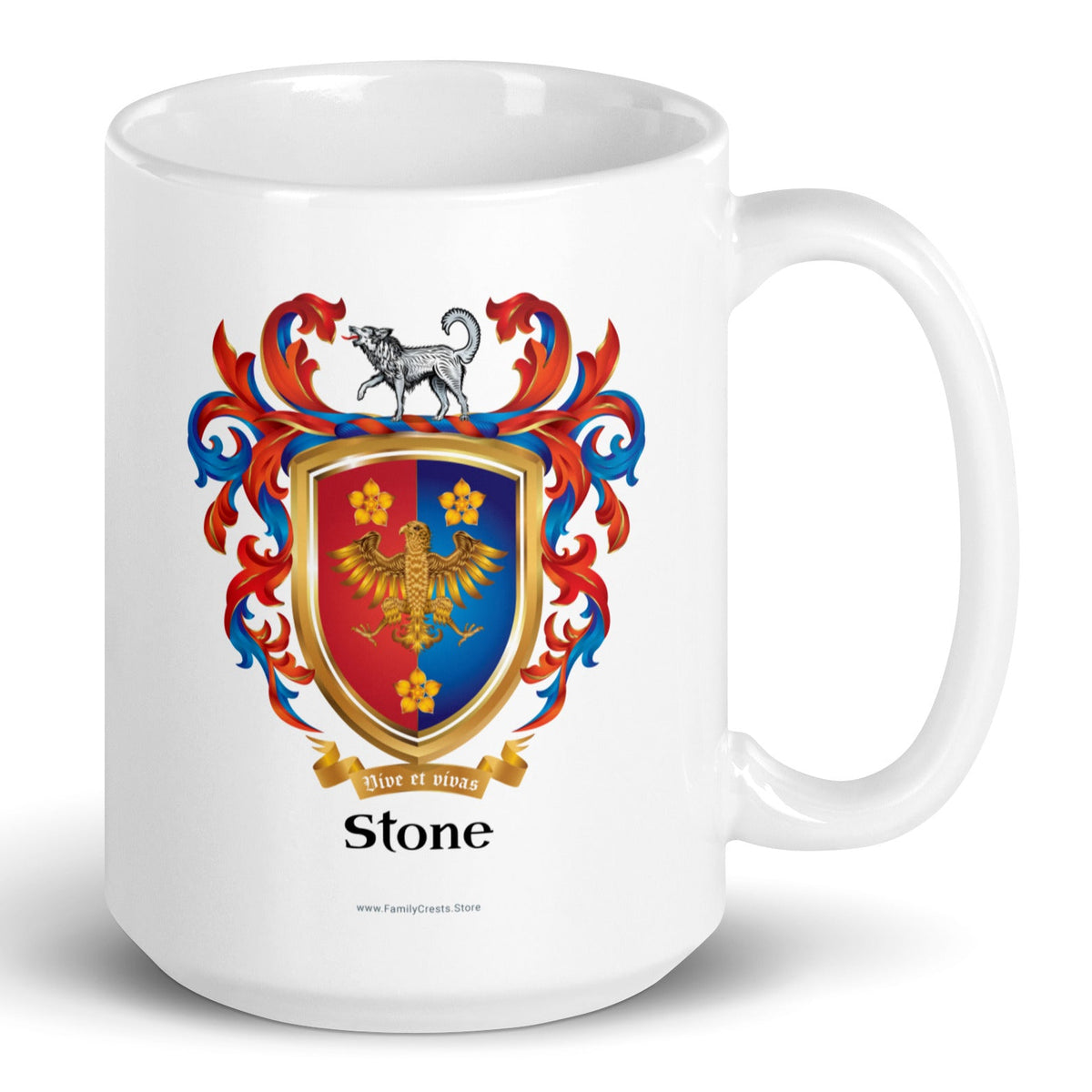Stone Family Crest mug with golden eagle on a red and gold shield with a wolf on the crest - Family Crests Store