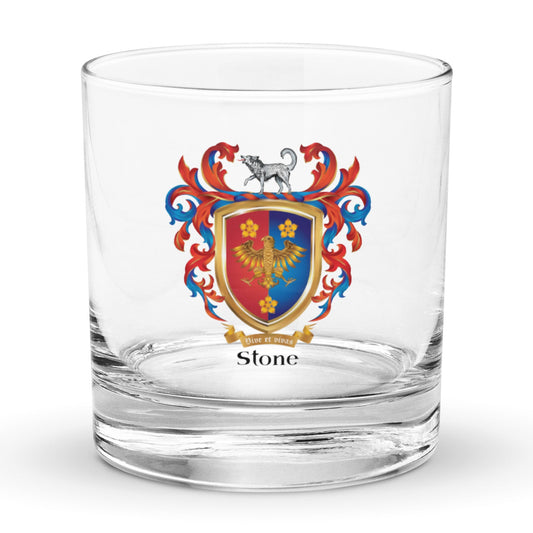Stone Family Crest classic rocks beer glass with golden eagle on a red and gold shield with a wolf on the crest