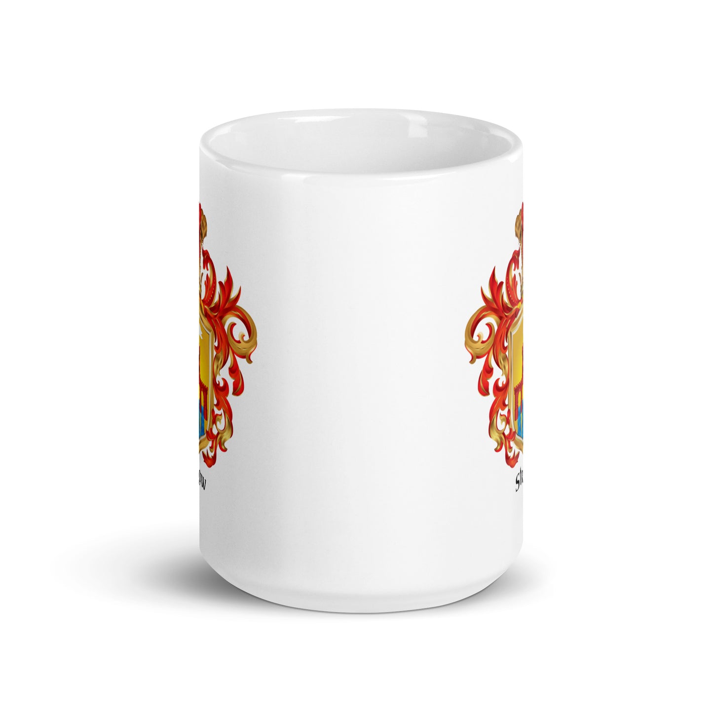 White mug on white bkg with Straw Family Crest on two sides of mug