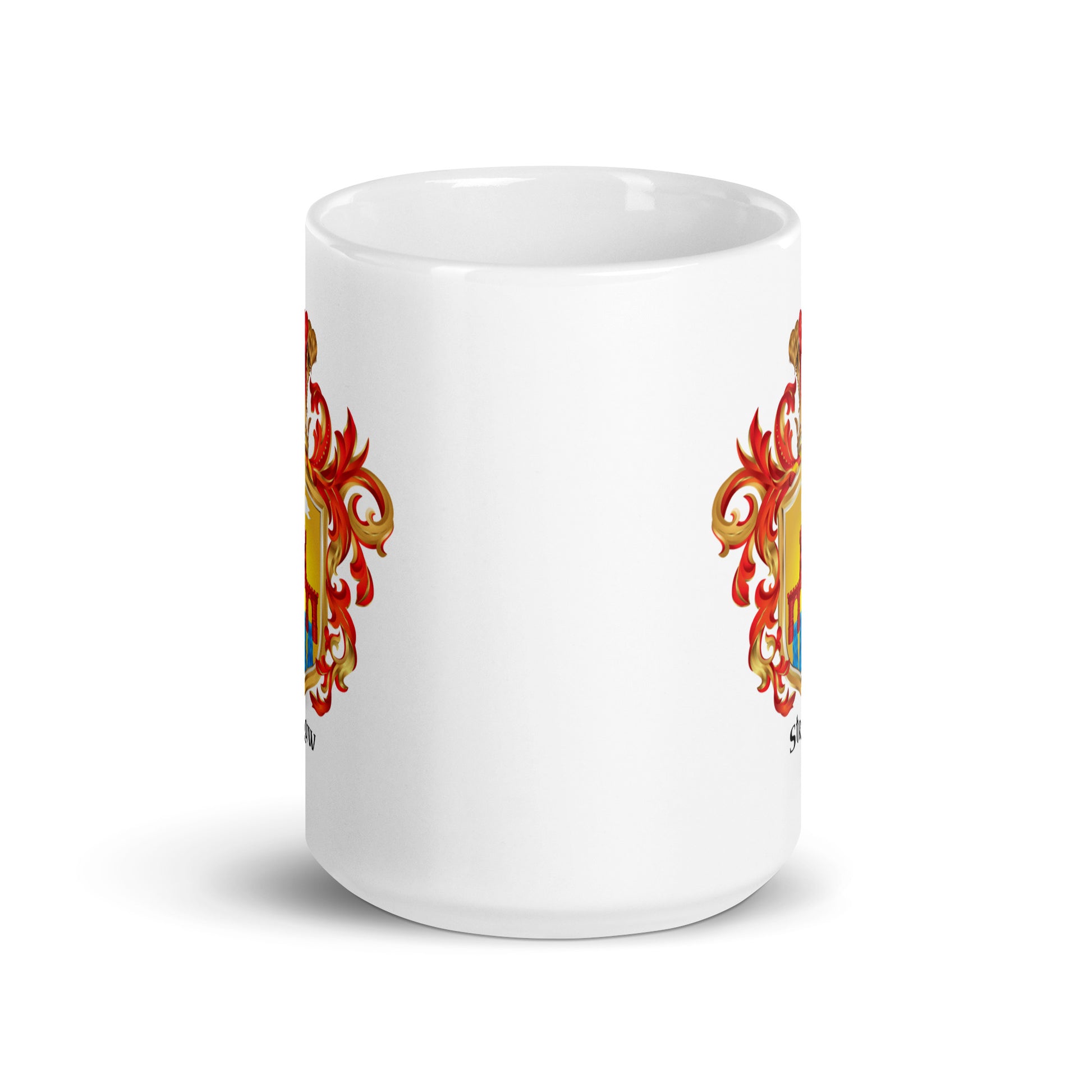 White mug on white bkg with Straw Family Crest on two sides of mug