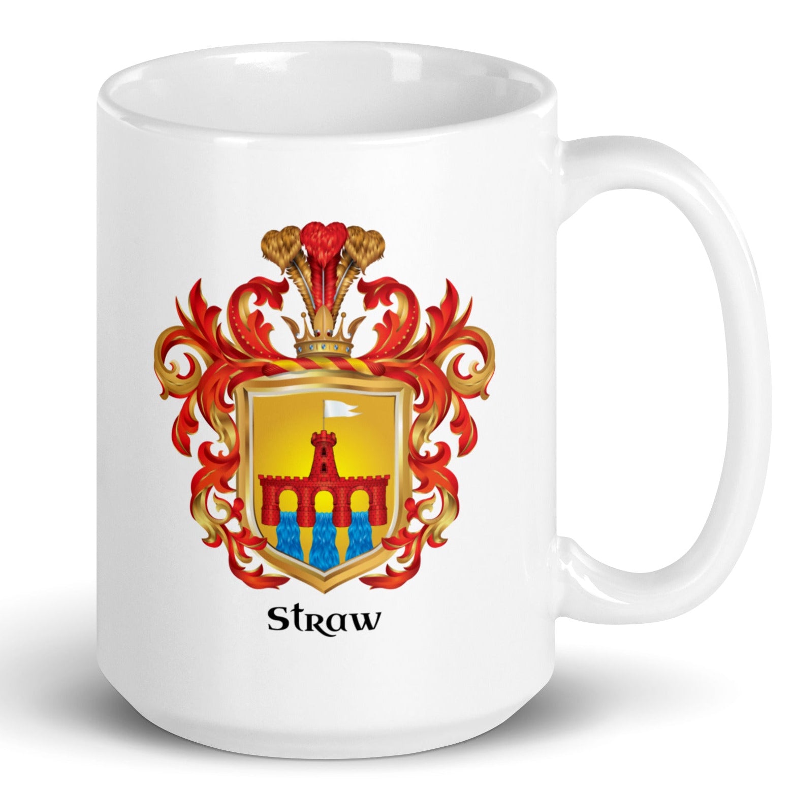 White mug on white bkg with Straw Family Crest on front of mug
