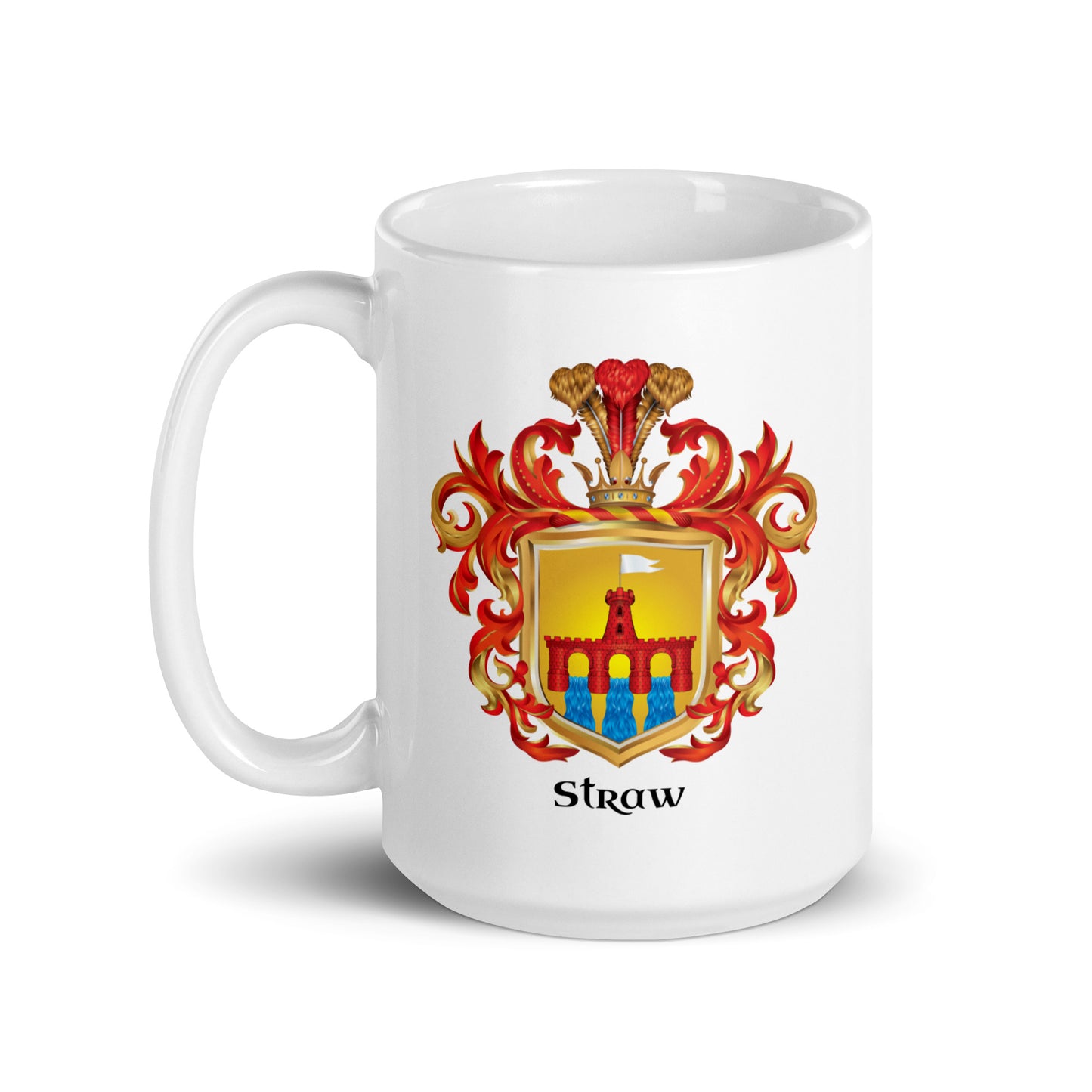White mug on white bkg with Straw Family Crest on front of mug with handle at right