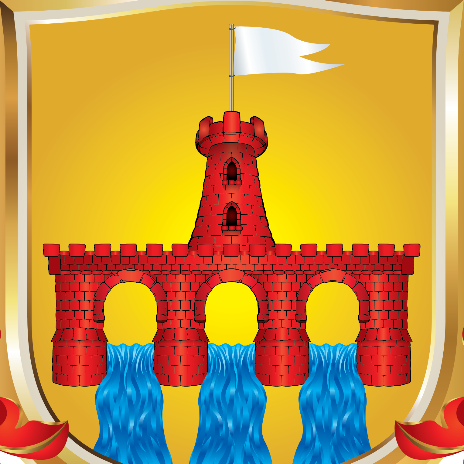 Straw Family Crest close up of a stylized heraldic shield design featuring a red brick castle with a white flag, blue water, and a yellow background, framed by a gold border.