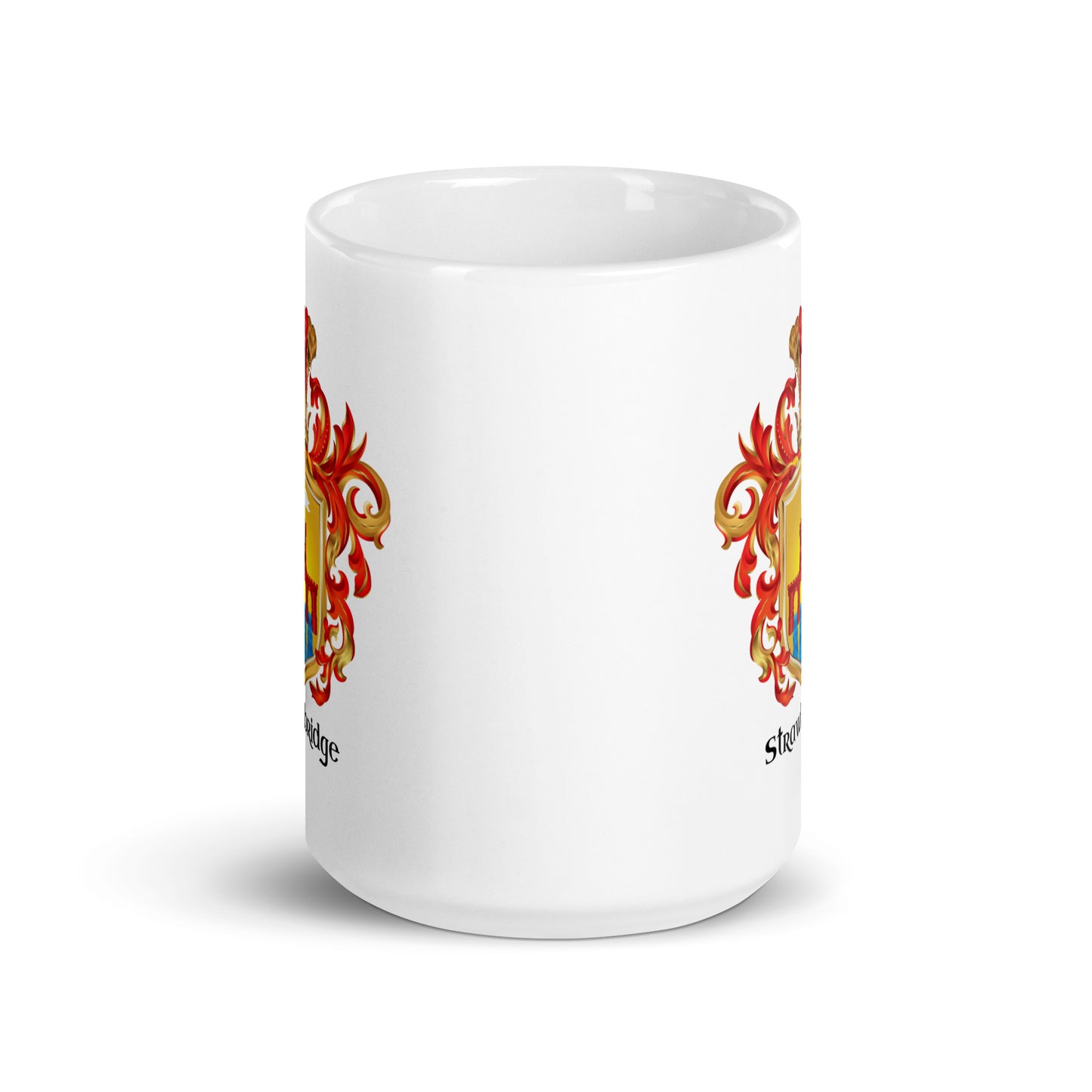 view of withe mug with Strawbridge Family Crest on two sides on a white bkg