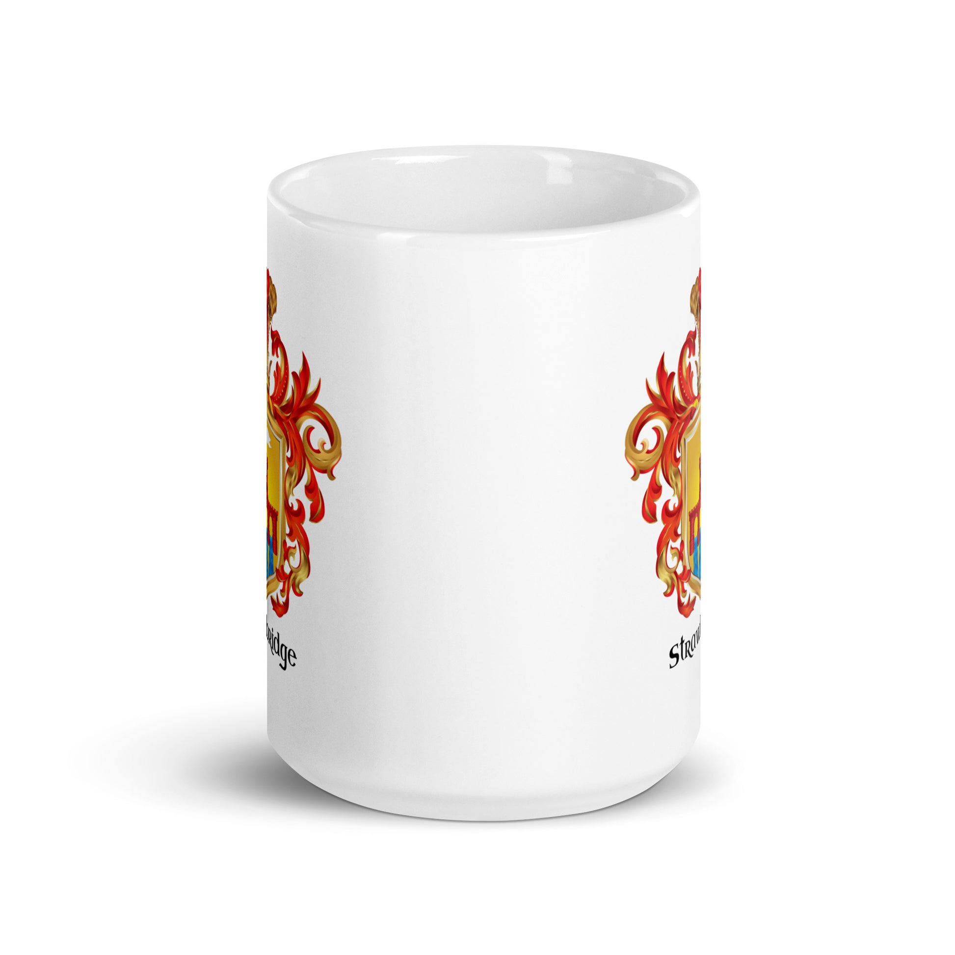 view of withe mug with Strawbridge Family Crest on two sides on a white bkg